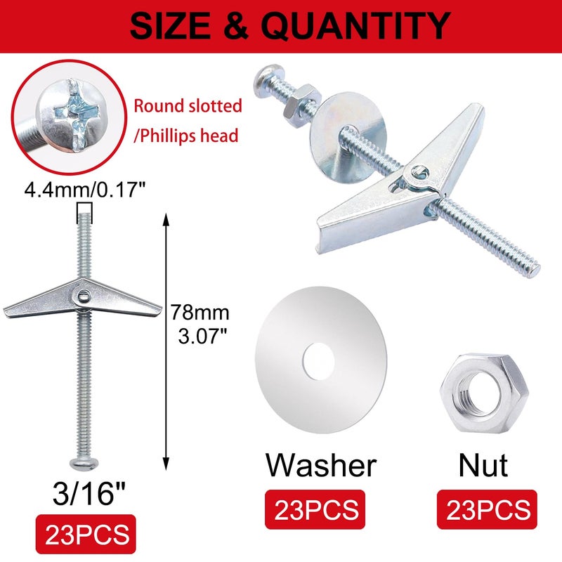 Bemaka 92Pcs 3/16 Inch Toggle Bolts for Drywall, Butterfly Anchors Heavy Duty Drywall Anchors and Screws Kit, Toggle Bolts and Wing Nut Kit with Nuts Washers for Hollow Wall, Ceiling (23 Set) - Image 2